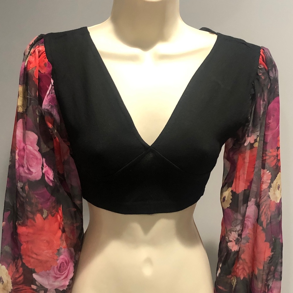 Black top with sheer floral sleeves